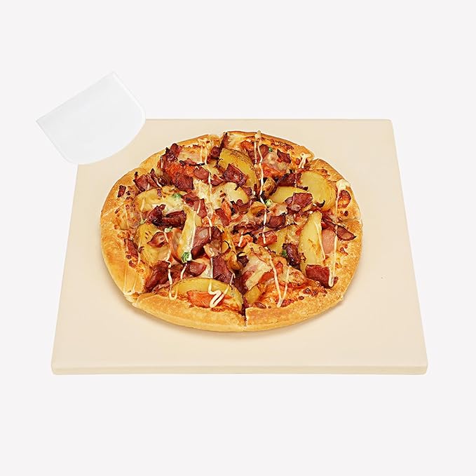 Small 10x10 Inch Cordierite Pizza Stone for RV Camper Oven & Grill, Square Baking Stone for Pizza, Bread, Pies, BBQ, Durable and Safe, with Plastic Scraper