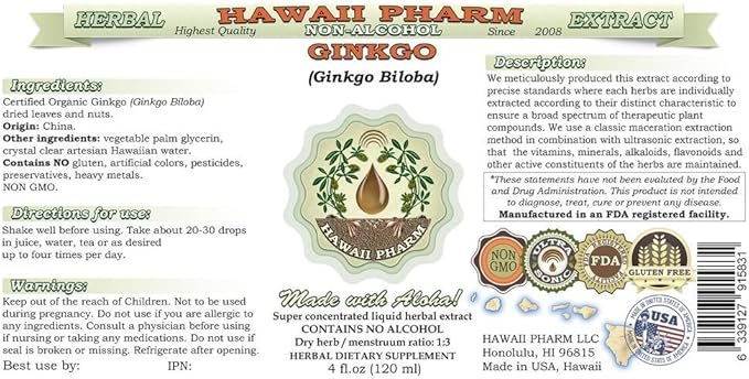 Ginkgo Alcohol-Free Liquid Extract, Organic Ginkgo (Ginkgo Biloba) Dried Leaf Glycerite Hawaii Pharm Natural Herbal Supplement 15x4 oz
