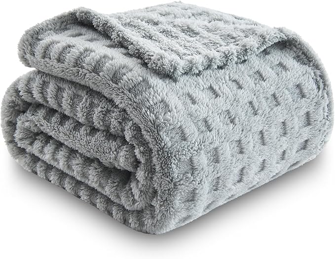 NEWCOSPLAY Super Soft Throw Blanket Grey Premium Silky Flannel Fleece 3D Waffle Checkered Lightweight Bed Blanket All Season Use (Light Grey, Throw(50"x70"))