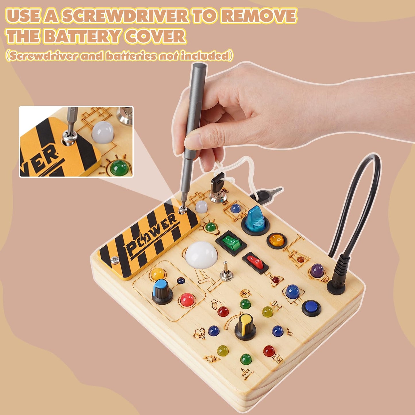 Joyreal Montessori Busy Board Wooden Sensory Toys for Toddler with LED Light Up Switch, Baby Fidget Board Travel Toys for 18+ Months, 1 2 3 Year Old Boys Girls Toddler Toy Gifts (Classic)