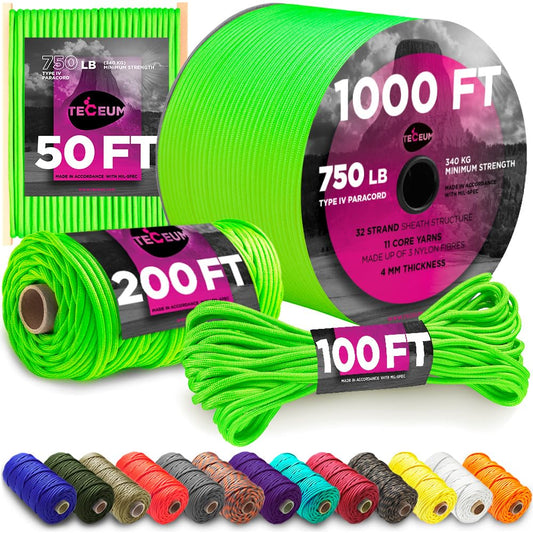 TECEUM Paracord Type IV 750 lb Neon green – 50 ft – 4mm – 100% Nylon Strong Tactical MIL–SPEC Parachute Cord – Survival Rope Emergency Para Cord 11 Strands Core EDC Camping Hiking Military Gear 462а