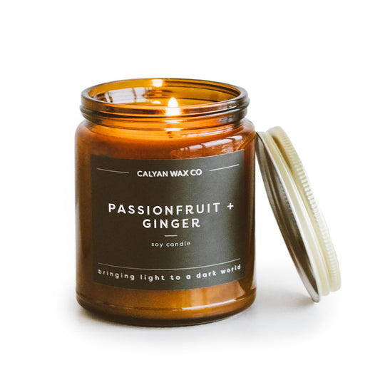 Calyan Wax Co. Soy Wax Candle, Passionfruit + Ginger Scented Candle, 57 Hour Burn Time, Aromatherapy Soy Candles, Non Toxic & Vegan Soy Wax, Amber Glass Jar Scented Candles, 7.2oz