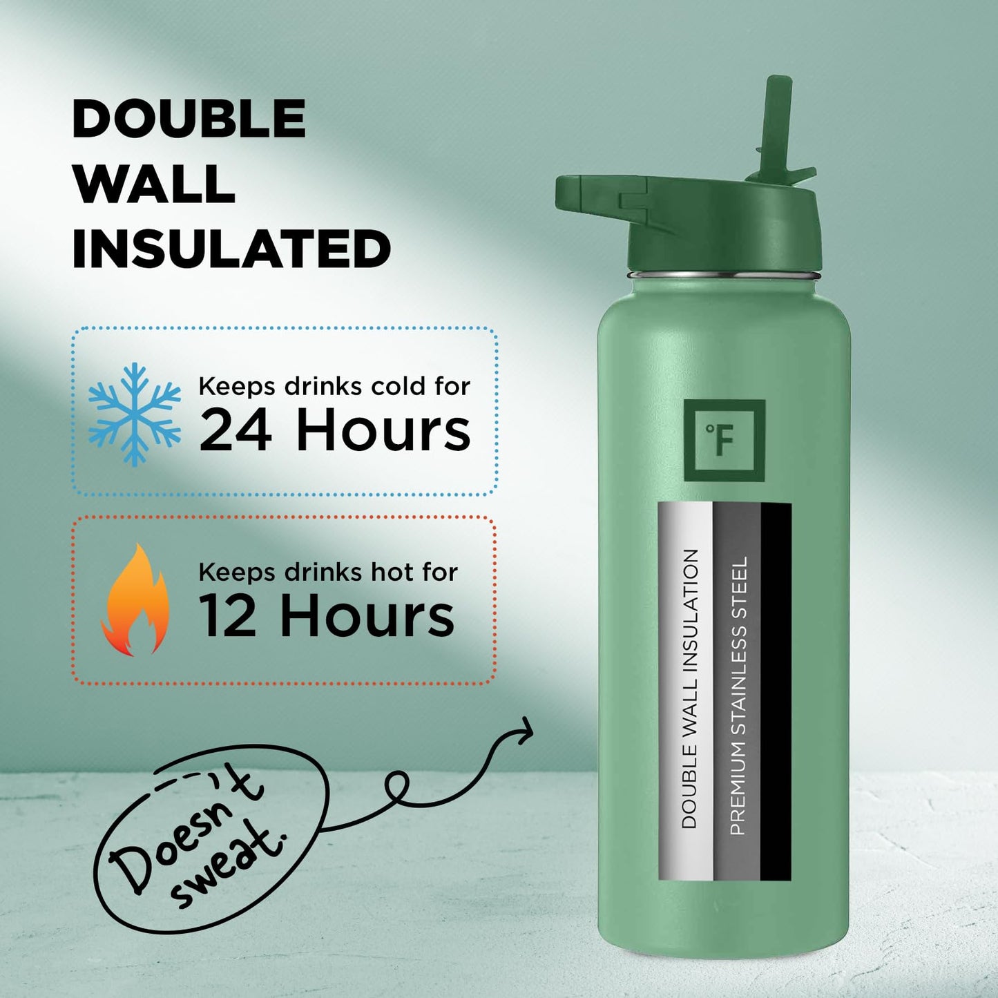 IRON °FLASK Camping & Hiking Hydration Flask, Wide Mouth, 3 Straw Lids, Stainless Steel Outdoor Water Bottle, Double Walled, Insulated Thermos, Metal Canteen - Sage Grove, 40 Oz