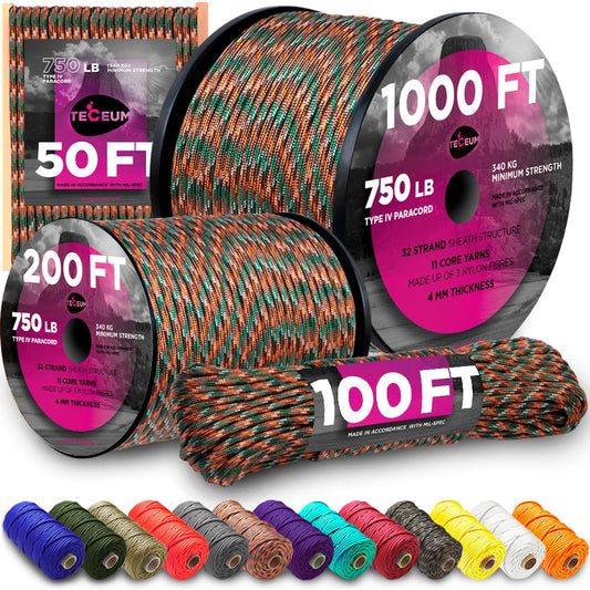 TECEUM Paracord Type IV 750 lb Mixed Camo – 50 ft – 4mm – 100% Nylon Strong Tactical MIL–SPEC Parachute Cord – Survival Rope Emergency Para Cord 11 Strands Core EDC Camping Hiking Military Gear 766a