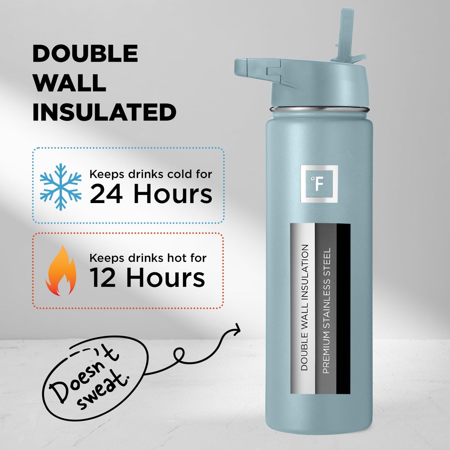 IRON °FLASK Camping & Hiking Hydration Flask, Wide Mouth, 3 Straw Lids, Stainless Steel Outdoor Water Bottle, Double Walled, Insulated Thermos, Metal Canteen - Elemental Gray, 22 Oz