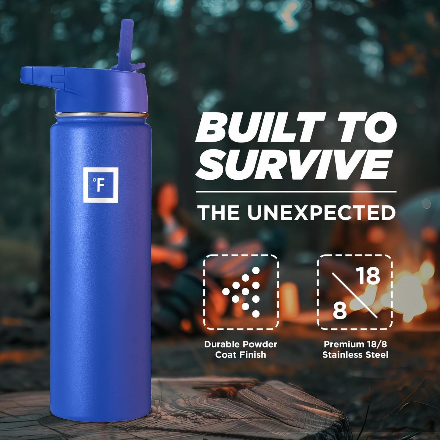 IRON °FLASK Camping & Hiking Hydration Flask, Wide Mouth, 3 Straw Lids, Stainless Steel Outdoor Water Bottle, Double Walled, Insulated Thermos, Metal Canteen - Cobalt, 18 Oz