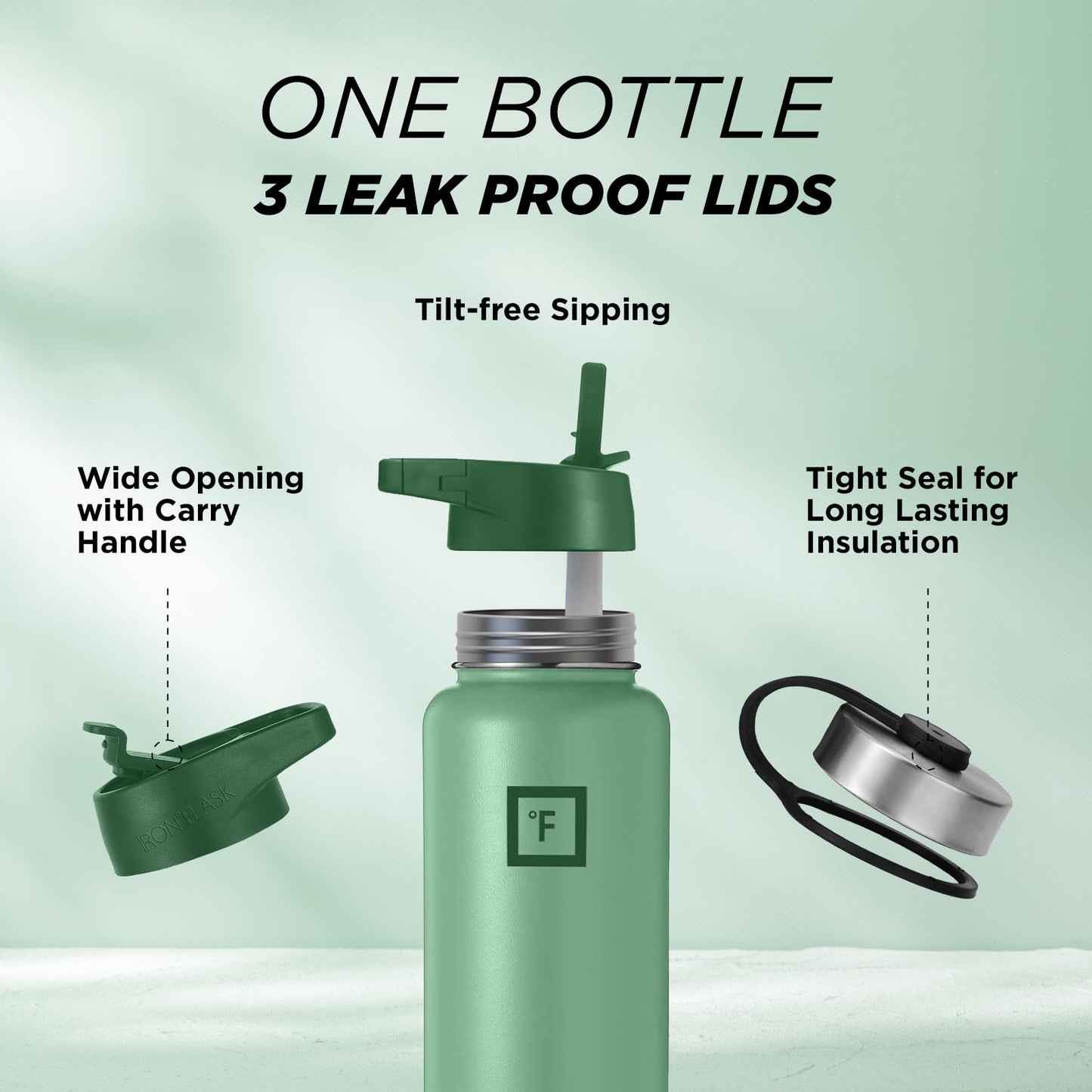 IRON °FLASK Camping & Hiking Hydration Flask, Wide Mouth, 3 Straw Lids, Stainless Steel Outdoor Water Bottle, Double Walled, Insulated Thermos, Metal Canteen - Sage Grove, 40 Oz