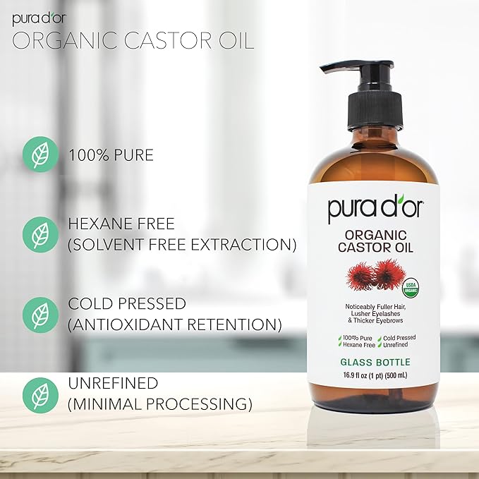 PURA D'OR 16.9 Oz ORGANIC Castor Oil (GLASS BOTTLE) 100% Pure USDA Certified Cold Pressed, Hexane Free Eyelash & Eyebrow Serum - For Fuller, Thicker Lashes & Brows - Skin & Hair Moisturizer
