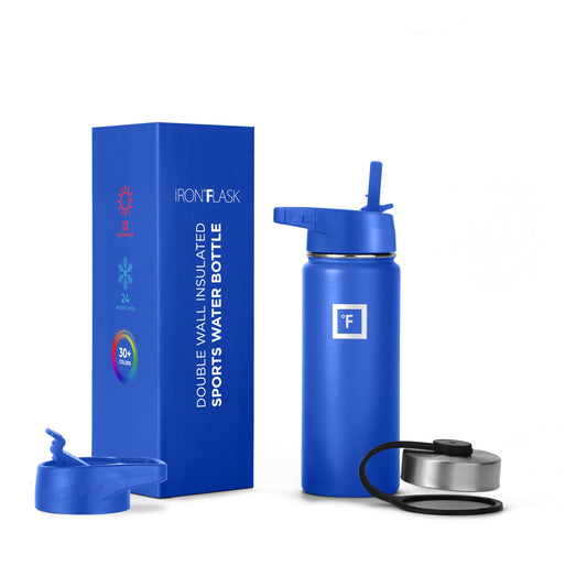 IRON °FLASK Camping & Hiking Hydration Flask, Wide Mouth, 3 Straw Lids, Stainless Steel Outdoor Water Bottle, Double Walled, Insulated Thermos, Metal Canteen - Cobalt, 18 Oz