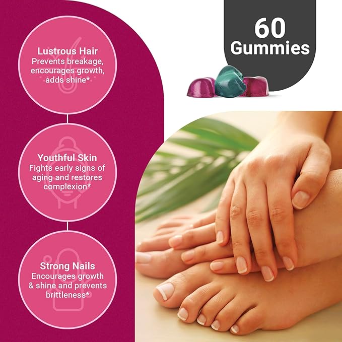 Hair Skin and Nails Gummies, Extra Strength Biotin Gummies with Folic Acid, Inositol and Vitamins, PCOS Symptom Relief & Hormone Balance, Sugar-Free Strawberry & Coconut Flavor, 60 Gummies