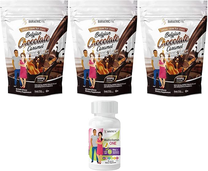 BariatricPal 90-Day Bariatric Vitamin Bundle (Multivitamin ONE 1 per Day! Capsule with 60mg Iron and Calcium Citrate Soft Chews 500mg with Probiotics - Belgian Chocolate Caramel)