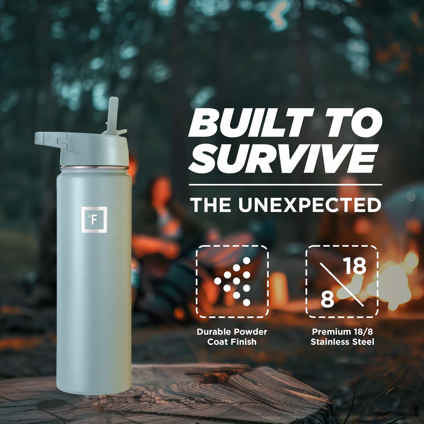 IRON °FLASK Camping & Hiking Hydration Flask, Wide Mouth, 3 Straw Lids, Stainless Steel Outdoor Water Bottle, Double Walled, Insulated Thermos, Metal Canteen - Elemental Gray, 22 Oz