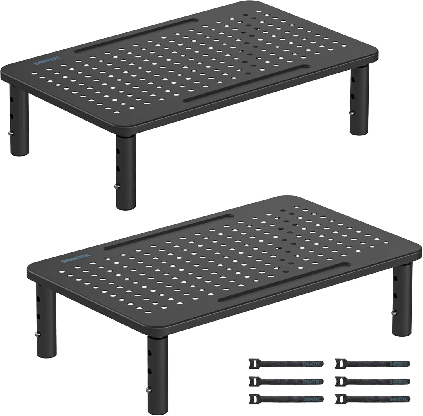 BONTEC 2 Pack 3 Height Adjustable Monitor Stand Riser with Pen Holder, Ergonomic Metal Laptop Stand with Cable Management, Desktop Stand for Computer, Printer, Monitor, Laptop, Black Steel, 14.5 in