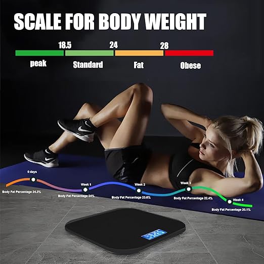 Smart Scale for Body Weight Digital Bathroom Scale with Blue LCD Backlight Display Highly Accurate Body Weight Scale Body Fat Scale Temperature Indication Corner Design 400lbs (Black)