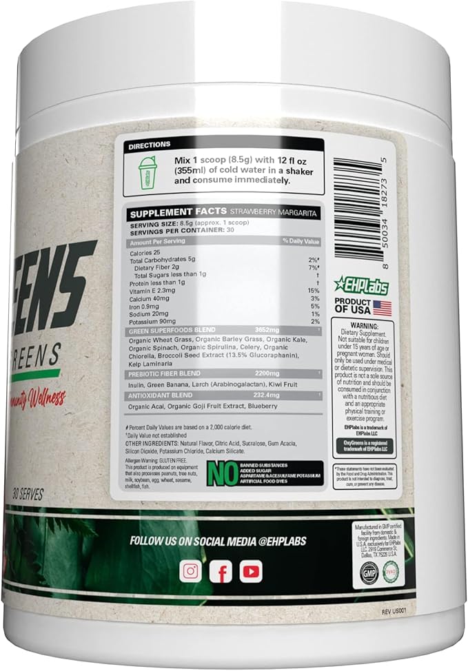 EHP Labs OxyGreens Super Greens Powder - Spirulina & Chlorella Superfood, Green Juice Powder & Greens Supplements with Prebiotic Fibre, Antioxidants & Immunity Support, 30 Serves (Strawb. Margarita)