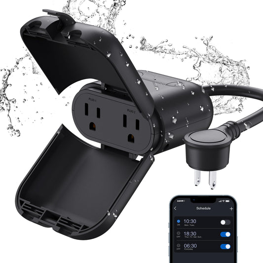 ELEGRP PQR20 Outdoor Smart Plug Waterproof IP66, WiFi Plug with 2 Individually Sockets, Compatible with Alexa & Google Assistant, Smart Outdoor Outlet for String Lights, UL Certified, 1 Pack, Black