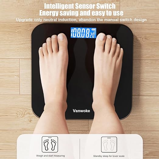 Smart Scale for Body Weight Digital Bathroom Scale with Blue LCD Backlight Display Highly Accurate Body Weight Scale Body Fat Scale Temperature Indication Corner Design 400lbs (Black)