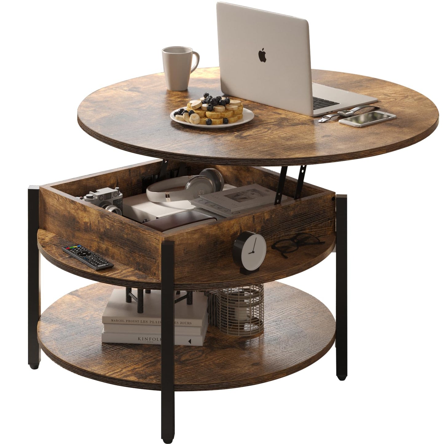 FABATO Round Lift Top Coffee Table with Storage and Hidden Compartment, 26.77'' Farmhouse Coffee Table for Living Room Reception Room, 2 Tier Small Round Coffee Table Circle Dining Table, Rustic Brown