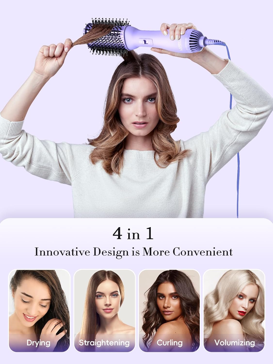 LANDOT Hot Hair Blow Dryer Brush: One-Step HairDryer Styler and Volumizer - Heated Air Brush Straightener with Negative Ion Ceramic Titanium Oval Barrel for Fast Styling & Smooth Frizz-Free Blowout