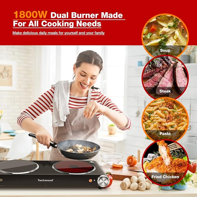 Hot Plate, Techwood 1800W Dual Electric Stove, Countertop Stove Double Burner for Cooking, Infrared Ceramic Hot Plates Double Cooktop, Brushed Stainless Steel Easy to Clean Upgraded Version, Black