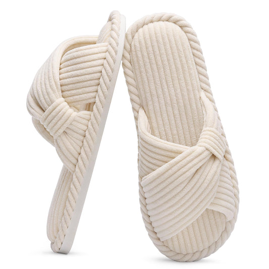 Evshine Summer House Slippers for Women Corduroy Cross Bow Indoor Slippers Open Toe Slip On Bedroom Shoes with Memory Foam, Beige 270 (Size 8-9)