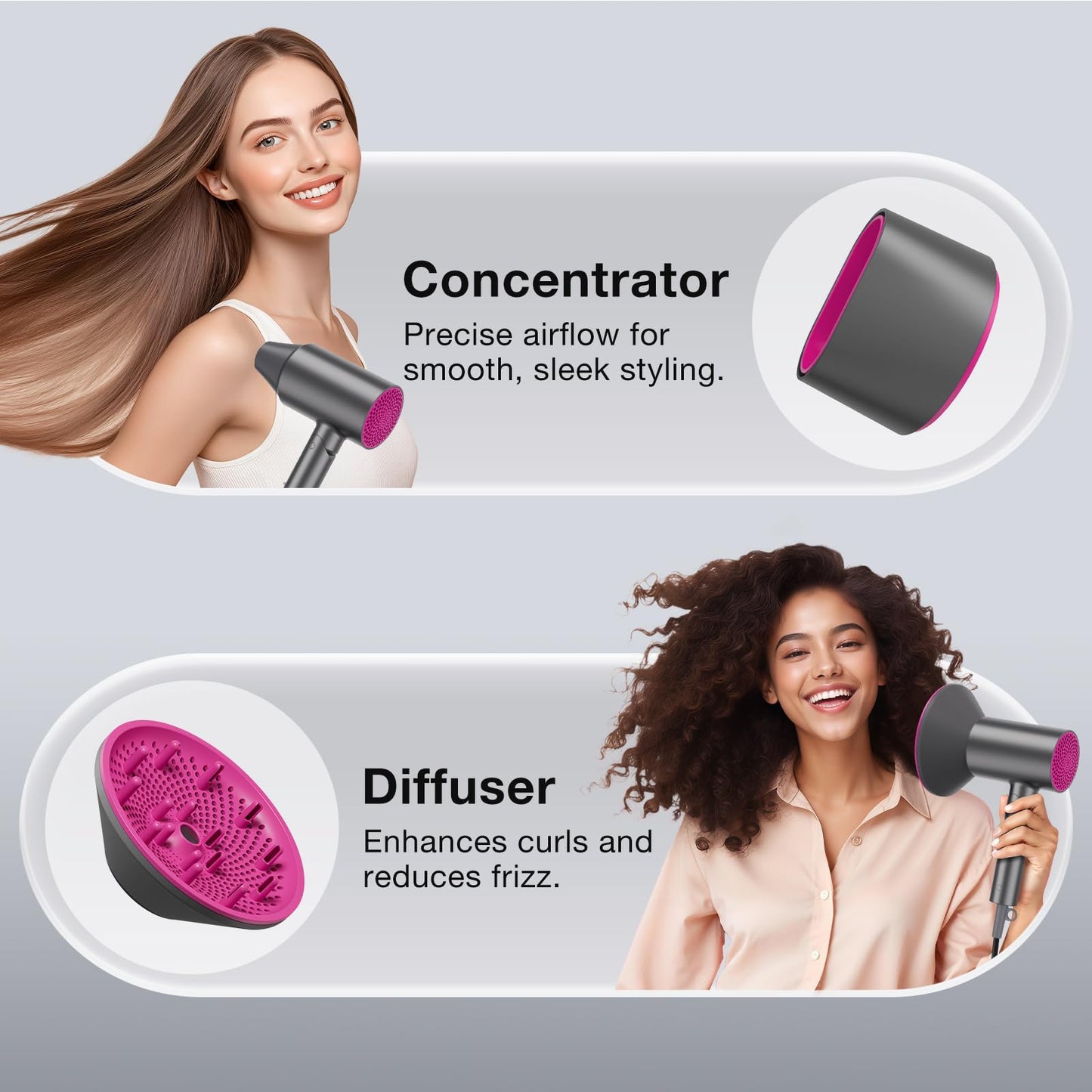 BABONIR Diffuser Hair Dryer, 1875W Fast-Drying, Foldable, Ionic Turbo Blow Dryer with Diffuser & Concentrator Nozzle, Compact, 3 Heat & 2 Speed Settings, 8FT Cord for Home Salon, Gray