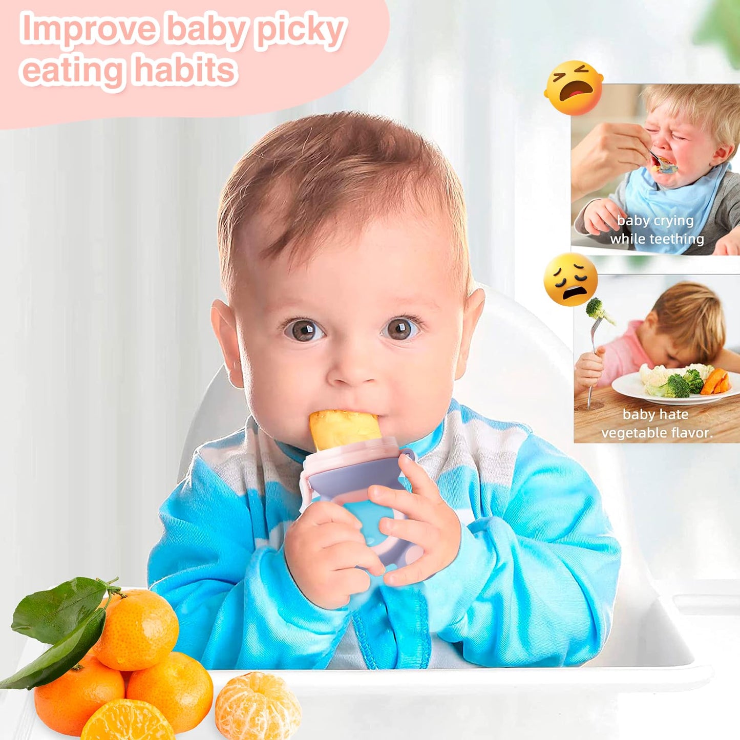 HAOBAOBEI Baby Solids/Frozen Fruit Feeder Pacifier, Infant Teether Toy 4M+, BPA-Free Silicone Pouch & Nipple, Safely Introduce Solids, Teething Relief, 2-Pack - Yellow/Purple (Mouse)