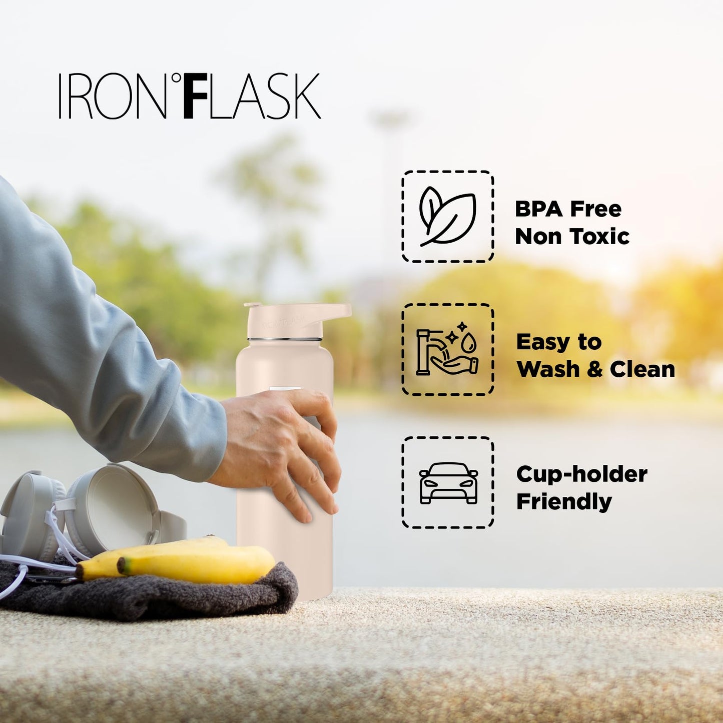 IRON °FLASK Camping & Hiking Hydration Flask, Wide Mouth, 3 Straw Lids, Stainless Steel Outdoor Water Bottle, Double Walled, Insulated Thermos, Metal Canteen - Sand, 22 Oz