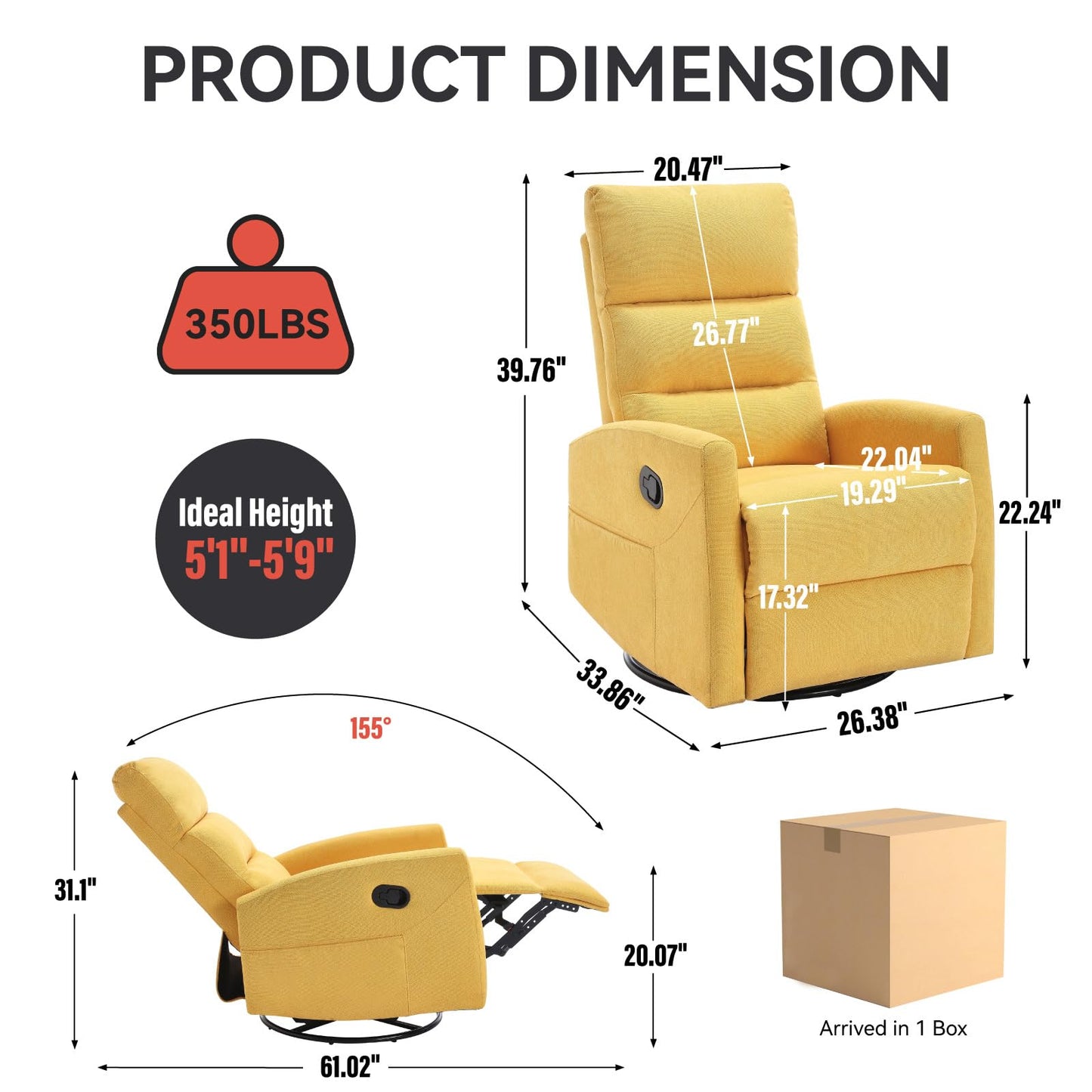 360° Swivel Recliner Chair for Adults, Upholstered Glider Rocking Chair Nursery with Adjustable Backrest & Footrest, Small Recliners for Small Spaces Living Room Bedroom (Yellow)