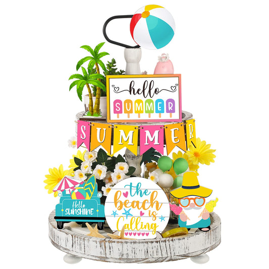12 Pcs Tiered Tray Decor Set - Hello Summer Hawaii Farmhouse Rustic Beach Gnome Wood Sign Items for Home Table Kitchen Shelf Decor