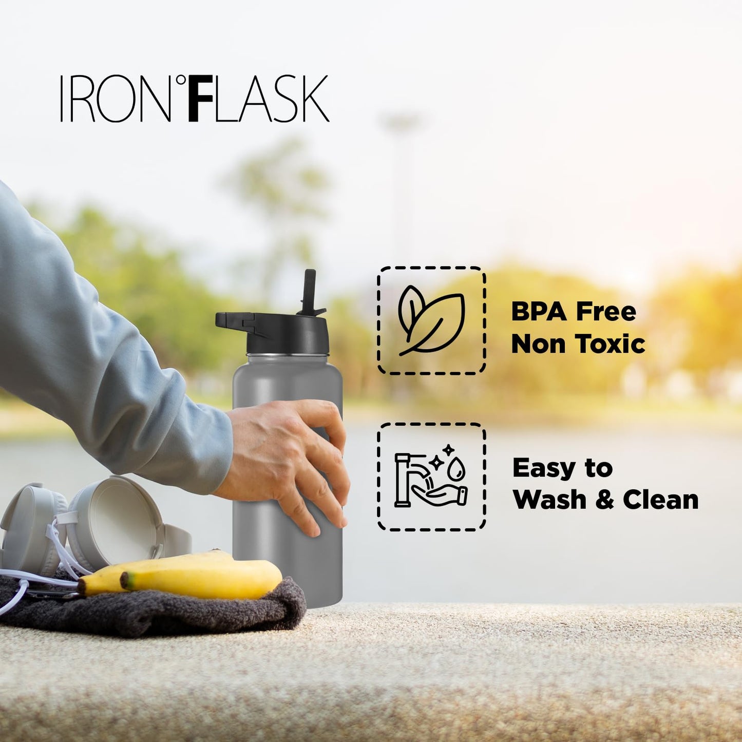 IRON °FLASK Camping & Hiking Hydration Flask, Wide Mouth, 3 Straw Lids, Stainless Steel Outdoor Water Bottle, Double Walled, Insulated Thermos, Metal Canteen - Sage Grove, 40 Oz