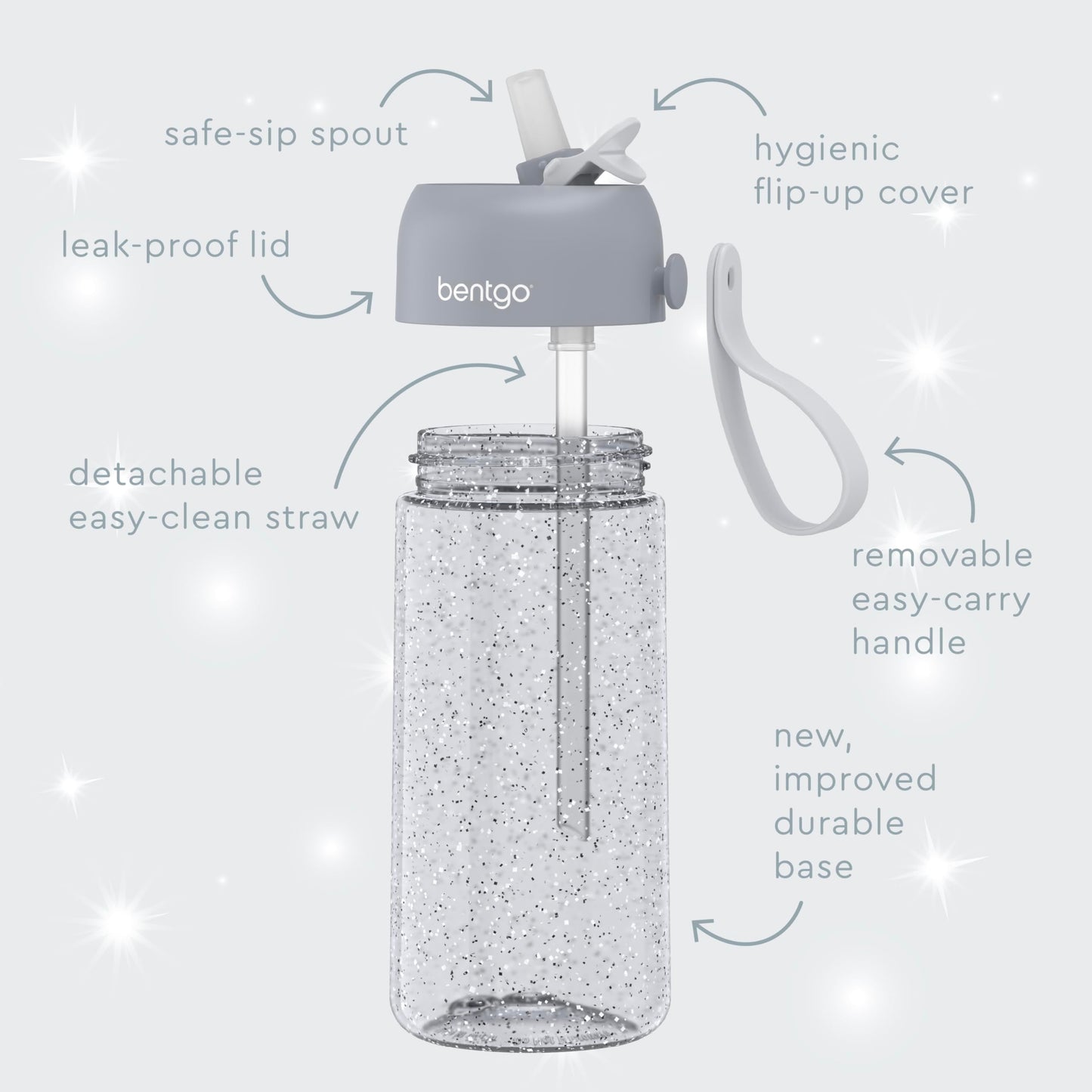 Bentgo Kids Water Bottle - Glitter Design, Leak-Proof, Durable Tritan™ 15 oz Cup for Kids/Toddlers 3+; Flip-Up Straw/Dishwasher Safe for School, Sports, Daycare, Camp (Glitter Edition - Silver)