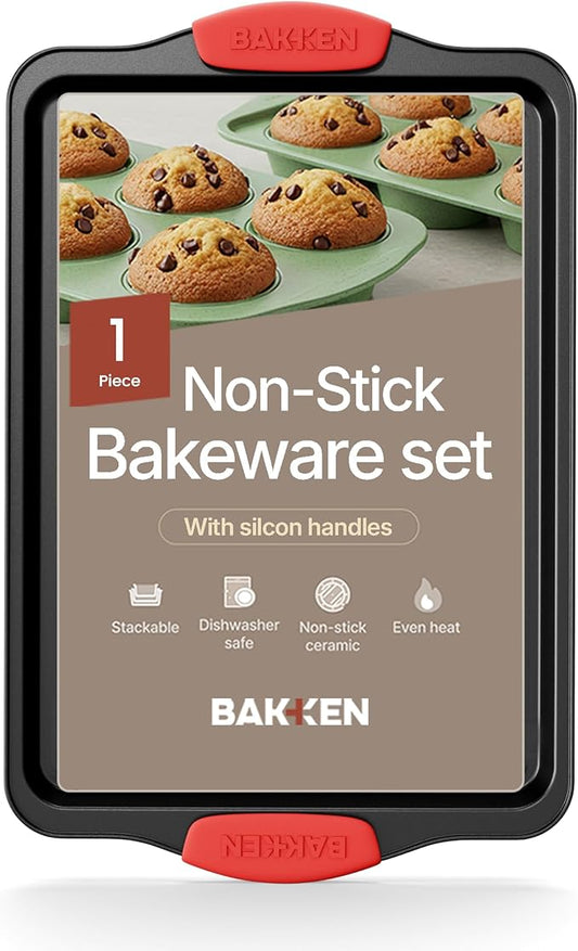 BAKKEN Kitchen Baking Pans - 15.15 x 10.03" Medium Nonstick Sheet, Durable Carbon Steel Cookie Sheet with Red Silicone Handles, PFOA, PFOS, PTFE Free, Oven Safe Tray (Up To 450°F), Set of 1