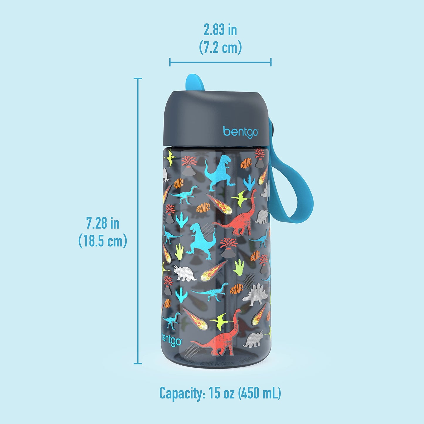 Bentgo Kids Water Bottle - Leak-Proof, Durable Tritan™, BPA-Free 15 oz. Cup for Kids/Toddlers Ages 3+ - Flip-Up Straw & Dishwasher Safe for School, Sports, Daycare & Camp (Dinosaur)