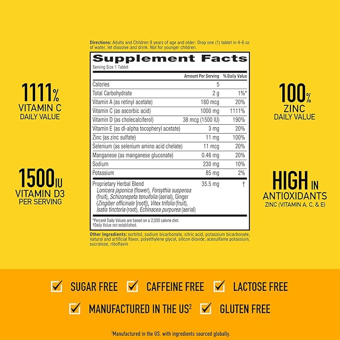 Airborne 1000mg Vitamin C + Zinc Sugar Free Multivitamin Immune Support Effervescent Fizzy Drink Tablets, Zesty Orange Flavor with Powerful Antioxidants Vitamins A C & E, 30 Tablets (2 Pack)