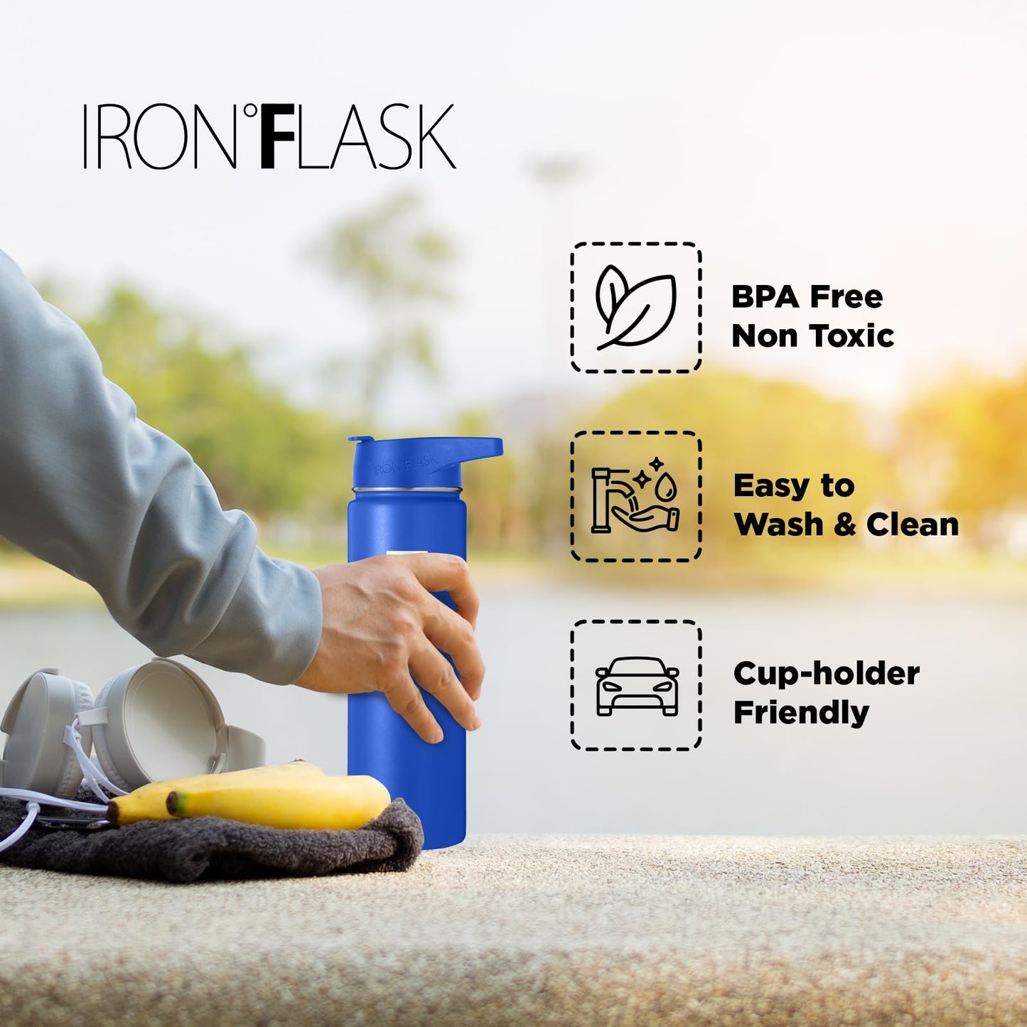 IRON °FLASK Camping & Hiking Hydration Flask, Wide Mouth, 3 Straw Lids, Stainless Steel Outdoor Water Bottle, Double Walled, Insulated Thermos, Metal Canteen - Cobalt, 18 Oz