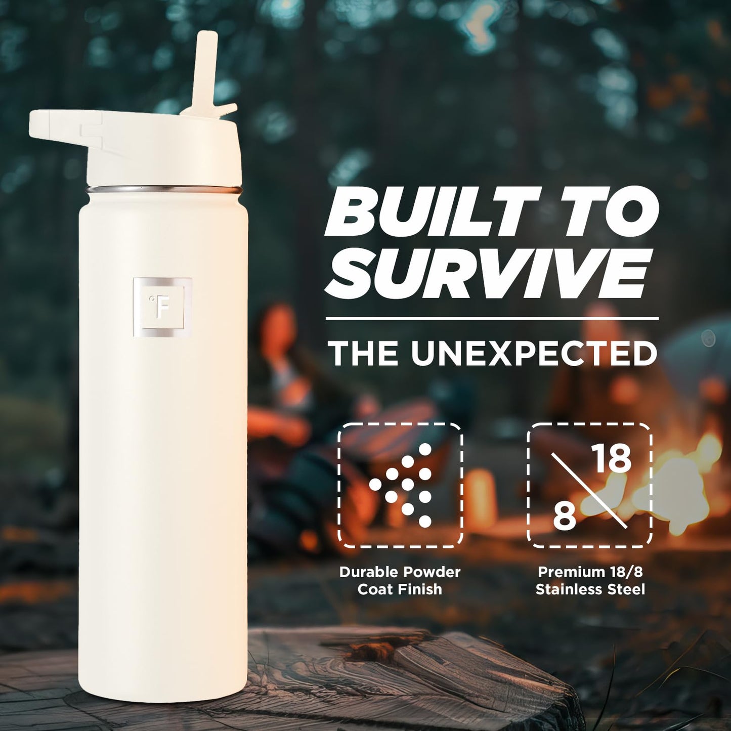 IRON °FLASK Camping & Hiking Hydration Flask, Wide Mouth, 3 Straw Lids, Stainless Steel Outdoor Water Bottle, Double Walled, Insulated Thermos, Metal Canteen - Cashmere Cream, 18 Oz