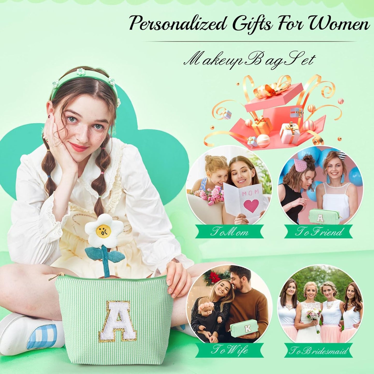 YOOLIFE Gifts for Women Her, Makeup Bag Make Up Bag Pouch Cosmetics Organizer Bag Cute Makeup Bag Skincare Bag Personalized Best Friend Wife Birthday Gift Graduate Gifts for Her V
