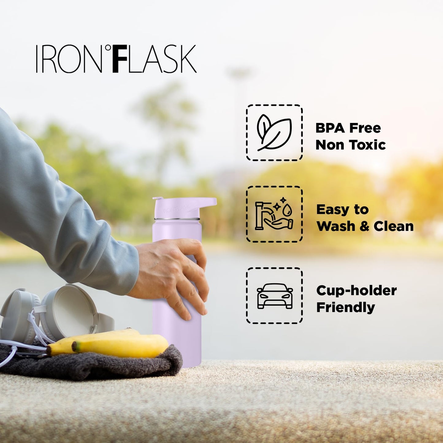 IRON °FLASK Camping & Hiking Hydration Flask, Wide Mouth, 3 Straw Lids, Stainless Steel Outdoor Water Bottle, Double Walled, Insulated Thermos, Metal Canteen - Lavender, 18 Oz