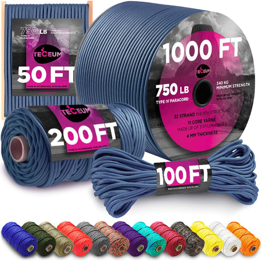 TECEUM Paracord Type IV 750 lb Oil Blue – 50 ft – 4mm – 100% Nylon Strong Tactical MIL–SPEC Parachute Cord – Survival Rope Emergency Para Cord 11 Strands Core EDC Camping Hiking Military Gear 420a