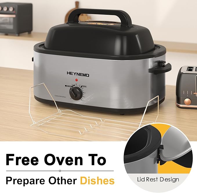 22 Quart Electric Roaster Oven with Visible & Self-Basting Lid, Large Turkey Roaster with Defrost Warm Function, Adjustable Temperature, Removable Pan Rack, Stainless Steel
