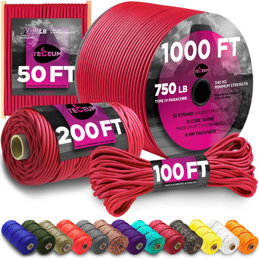 TECEUM Paracord Type IV 750 lb Crimson – 50 ft – 4mm – 100% Nylon Strong Tactical MIL–SPEC Parachute Cord – Survival Rope Emergency para Cord 11 Strands Core EDC Camping Hiking Military Gear 324a