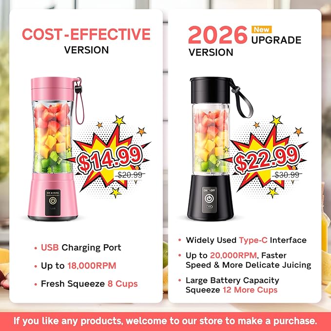 Portable Blender for Smoothies & Shakes - Cordless Personal Size Mini Blender with BAP Free Juice Cup, USB Rechargeable Suit for Sports/Picnic