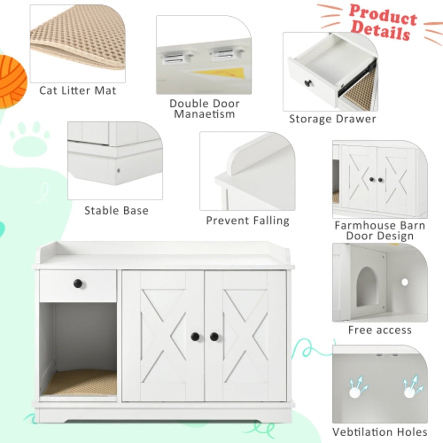 Double Hidden Litter Box Furniture Washroom Farmhouse Indoor Cat House End Table