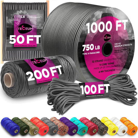 TECEUM Paracord Type IV 750 lb Dark Grey – 50 ft – 4mm – 100% Nylon Strong Tactical MIL–SPEC Parachute Cord – Survival Rope Emergency Para Cord 11 Strands Core EDC Camping Hiking Military Gear 030a n2