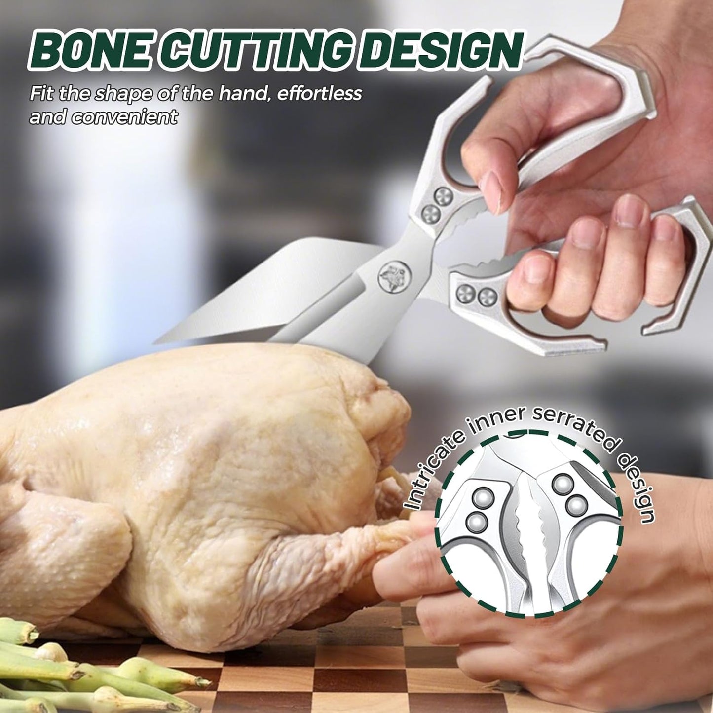 Multifunctional Heavy-Duty Kitchen Shears, Heavy Duty Kitchen Scissors for Food with Ergonomic Handle, High-Carbon Steel Culinary Shears for Chicken, Meat, Seafood, Bone Cutting (Sliver)