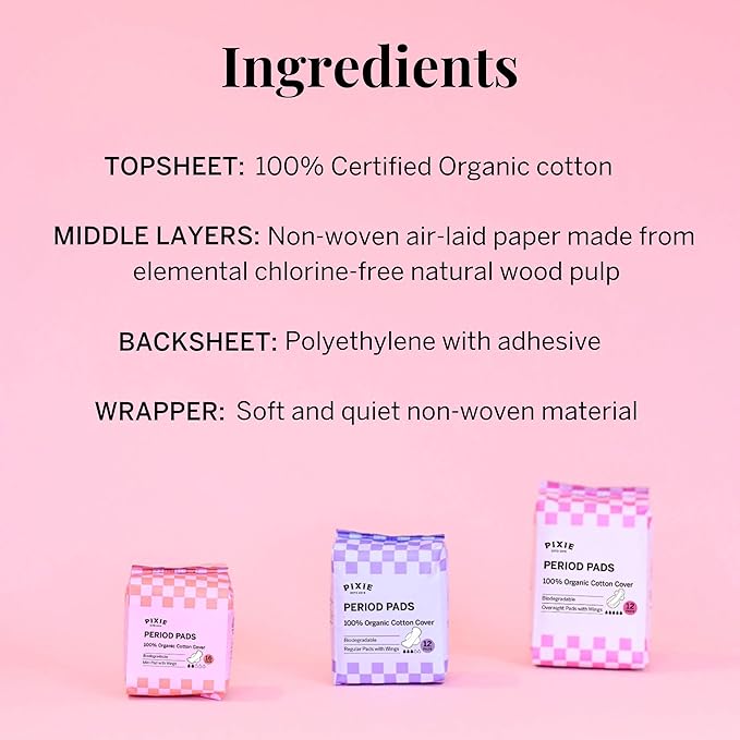Pixie Organic Cotton Pads for Women - Ultra Thin with Wings, Leak-Proof & Moisture-Wicking - Compostable, Unscented Menstrual Pads - Regular Absorbency - 12 Count