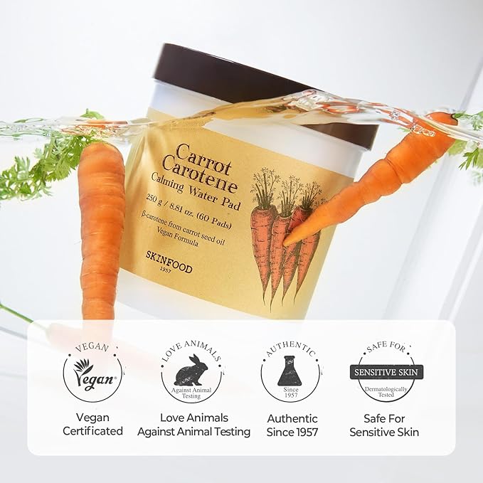 SKINFOOD Carrot Carotene Calming Water Toner Pads, Korean Skin Care Toner Pad for Face, Deep Hydrating, Soothing, After Sun Skincare for Sensitive Skin, Redness Relief, 100% Cotton, 8.81 oz (60 Pads)