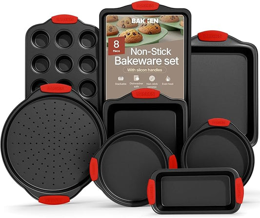 BAKKENMASTER Baking Set – 8 Piece Kitchen Oven Bakeware Set – Deluxe Non-Stick Black Coating Inside and Outside – Carbon Steel – Red Silicone Handles – PFOA PFOS and PTFE Free by Bakken