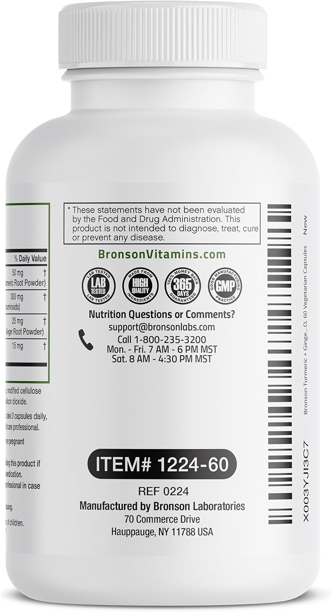 Bronson Turmeric + Ginger Extra Strength Joint Health & Digestion Support with BioPerine, Non-GMO, 60 Vegetarian Capsules